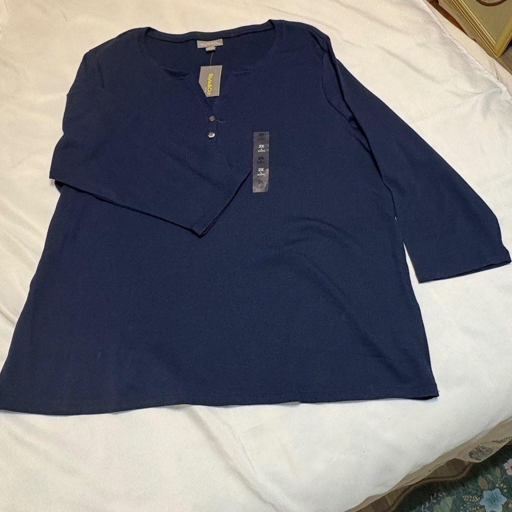 Style & Co Plus Womens 2X Navy Blue Henley 3/4 Sleeve Cotton Top NWT